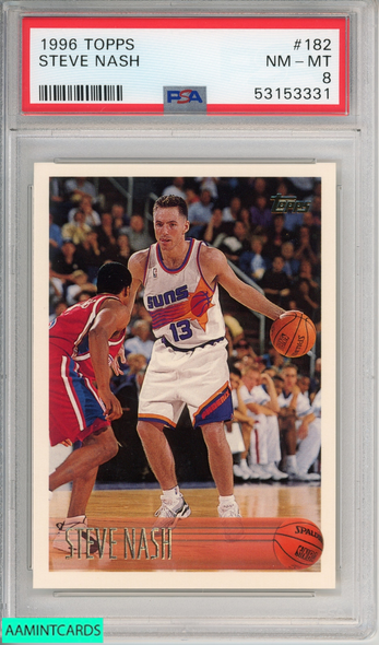 1996 TOPPS STEVE NASH #182 ROOKIE HOF PHOENIX SUNS RC PSA 8 NM-MT 53153331 1996 TOPPS STEVE NASH #182 ROOKIE HOF PHOENIX SUNS RC PSA 8 NM-MT 53153331
