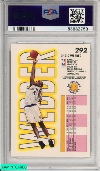 1993 FLEER CHRIS WEBBER #292 ROOKIE GOLDEN STATE WARRIORS RC PSA 9 MINT 53682759 1993 FLEER CHRIS WEBBER #292 ROOKIE GOLDEN STATE WARRIORS RC PSA 9 MINT 53682759