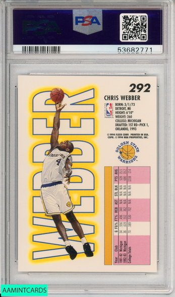 1993 FLEER CHRIS WEBBER #292 ROOKIE GOLDEN STATE WARRIORS RC PSA 9 MINT 53682771 1993 FLEER CHRIS WEBBER #292 ROOKIE GOLDEN STATE WARRIORS RC PSA 9 MINT 53682771