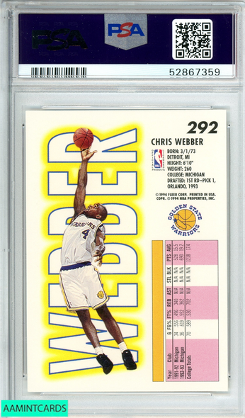 1993 FLEER CHRIS WEBBER #292 GOLDEN STATE WARRIORS ROOKIE RC PSA 9 MINT 52867359
