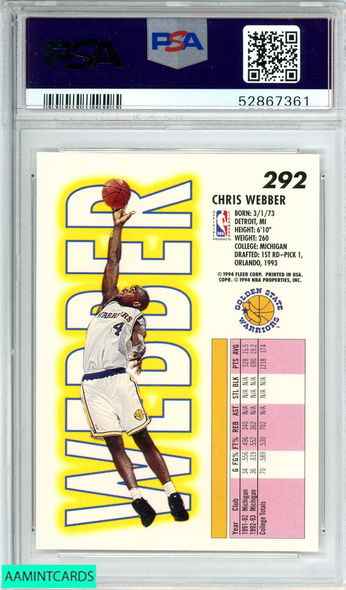 1993 FLEER CHRIS WEBBER #292 GOLDEN STATE WARRIORS ROOKIE RC PSA 9 MINT 52867361