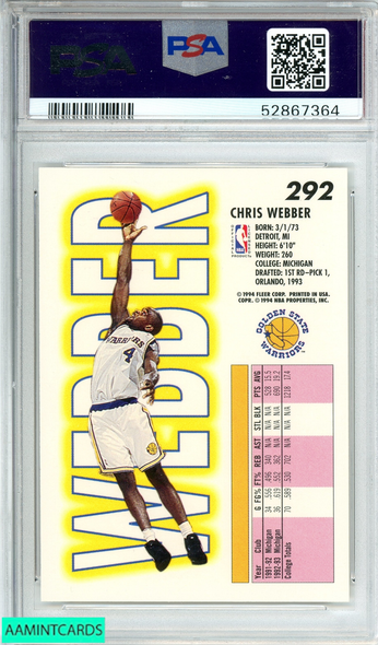 1993 FLEER CHRIS WEBBER #292 GOLDEN STATE WARRIORS ROOKIE RC PSA 9 MINT 52867364