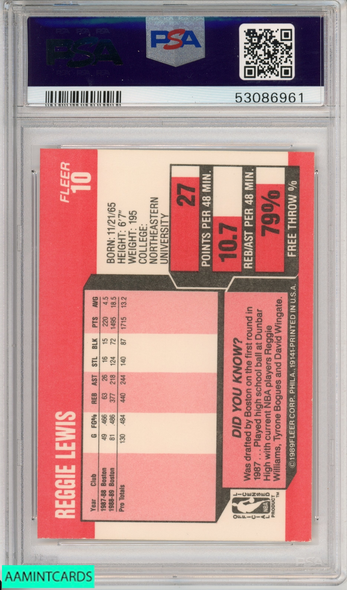 1989 FLEER REGGIE LEWIS #10 ROOKIE BOSTON CELTICS RC PSA 9 MINT 53086961