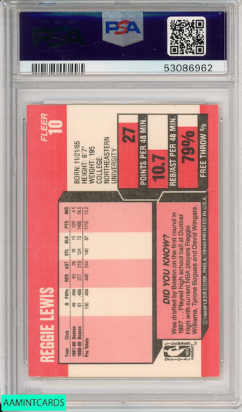 1989 FLEER REGGIE LEWIS #10 ROOKIE BOSTON CELTICS RC PSA 9 MINT 53086962