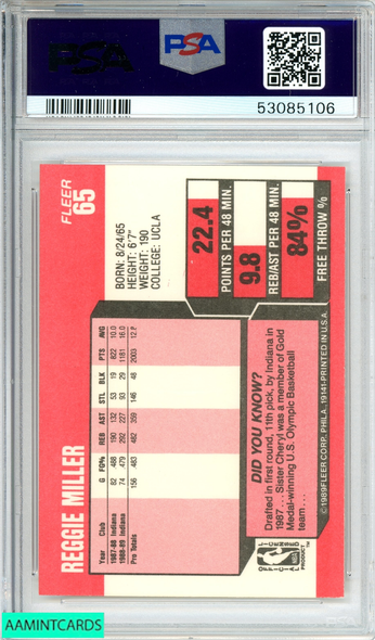 1989 FLEER REGGIE MILLER #65 INDIANA PACERS 2ND YEAR CARD PSA 9 MINT 53085106 1989 FLEER REGGIE MILLER #65 INDIANA PACERS 2ND YEAR CARD PSA 9 MINT 53085106