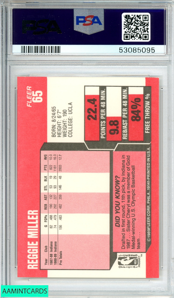 1989 FLEER REGGIE MILLER #65 INDIANA PACERS 2ND YEAR CARD PSA 9 MINT 53085095 1989 FLEER REGGIE MILLER #65 INDIANA PACERS 2ND YEAR CARD PSA 9 MINT 53085095