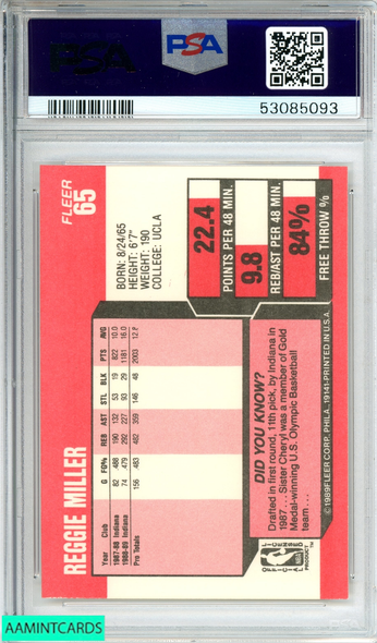 1989 FLEER REGGIE MILLER #65 INDIANA PACERS 2ND YEAR CARD PSA 9 MINT 53085093 1989 FLEER REGGIE MILLER #65 INDIANA PACERS 2ND YEAR CARD PSA 9 MINT 53085093