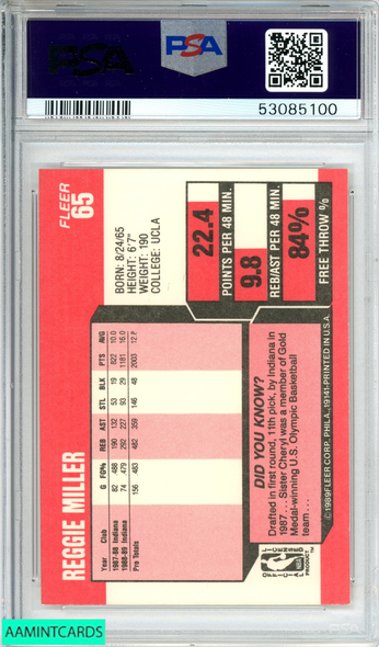1989 FLEER REGGIE MILLER #65 INDIANA PACERS 2ND YEAR CARD PSA 9 MINT 53085100 1989 FLEER REGGIE MILLER #65 INDIANA PACERS 2ND YEAR CARD PSA 9 MINT 53085100