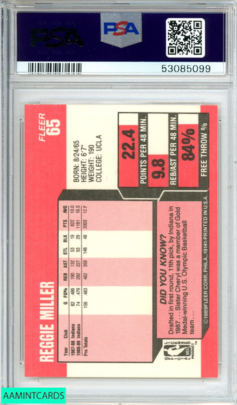 1989 FLEER REGGIE MILLER #65 INDIANA PACERS 2ND YEAR CARD PSA 9 MINT 53085099 1989 FLEER REGGIE MILLER #65 INDIANA PACERS 2ND YEAR CARD PSA 9 MINT 53085099