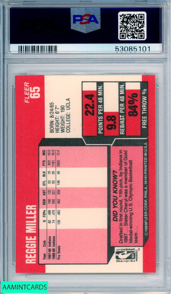 1989 FLEER REGGIE MILLER #65 HOF INDIANA PACERS PSA 8 NM-MT 53085101 1989 FLEER REGGIE MILLER #65 HOF INDIANA PACERS PSA 8 NM-MT 53085101