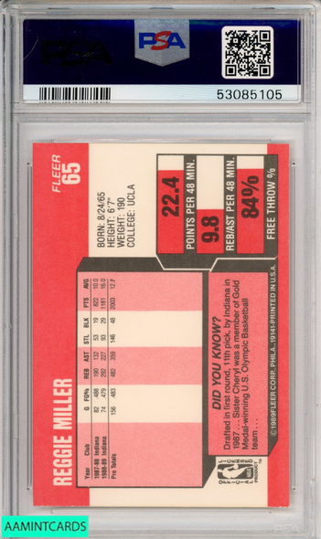 1989 FLEER REGGIE MILLER #65 INDIANA PACERS HOF PSA 8 NM-MT 53085105 1989 FLEER REGGIE MILLER #65 INDIANA PACERS HOF PSA 8 NM-MT 53085105