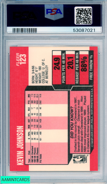 1989 FLEER KEVIN JOHNSON #123 ROOKIE PHOENIX SUNS RC PSA 9 MINT 53087021 1989 FLEER KEVIN JOHNSON #123 ROOKIE PHOENIX SUNS RC PSA 9 MINT 53087021
