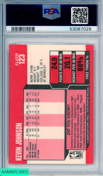 1989 FLEER KEVIN JOHNSON #123 ROOKIE PHOENIX SUNS RC PSA 9 MINT 53087028 1989 FLEER KEVIN JOHNSON #123 ROOKIE PHOENIX SUNS RC PSA 9 MINT 53087028