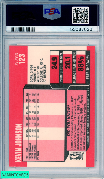 1989 FLEER KEVIN JOHNSON #123 ROOKIE PHOENIX SUNS RC PSA 9 MINT 53087026 1989 FLEER KEVIN JOHNSON #123 ROOKIE PHOENIX SUNS RC PSA 9 MINT 53087026