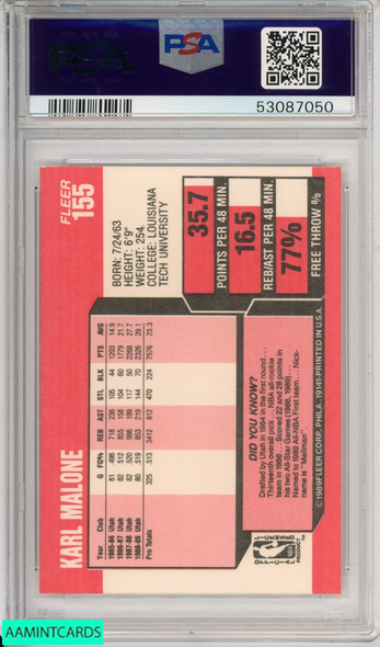 1989 FLEER KARL MALONE #155 HOF UTAH JAZZ PSA 9 MINT 53087050 1989 FLEER KARL MALONE #155 HOF UTAH JAZZ PSA 9 MINT 53087050