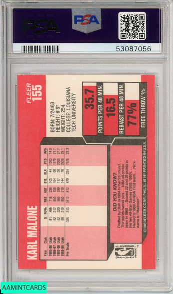 1989 FLEER KARL MALONE #155 HOF UTAH JAZZ PSA 8 NM-MT 53087056 1989 FLEER KARL MALONE #155 HOF UTAH JAZZ PSA 8 NM-MT 53087056