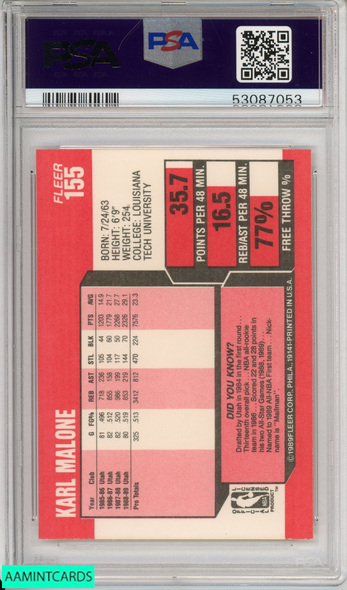 1989 FLEER KARL MALONE #155 HOF UTAH JAZZ PSA 8 NM-MT 53087053 1989 FLEER KARL MALONE #155 HOF UTAH JAZZ PSA 8 NM-MT 53087053
