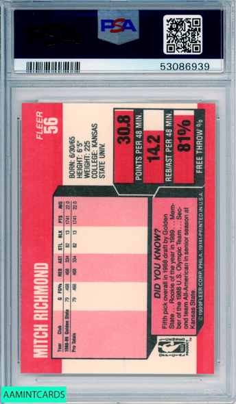 1989 FLEER MITCH RICHMOND #56 ROOKIE HOF GOLDEN STATE WARRIORS RC PSA 9 MINT 53086939 1989 FLEER MITCH RICHMOND #56 ROOKIE HOF GOLDEN STATE WARRIORS RC PSA 9 MINT 53086939