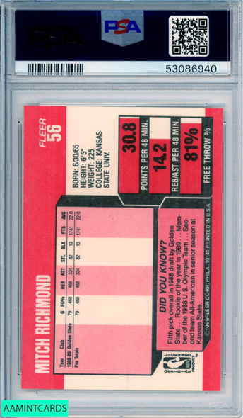 1989 FLEER MITCH RICHMOND #56 ROOKIE HOF GOLDEN STATE WARRIORS RC PSA 9 MINT 53086940 1989 FLEER MITCH RICHMOND #56 ROOKIE HOF GOLDEN STATE WARRIORS RC PSA 9 MINT 53086940