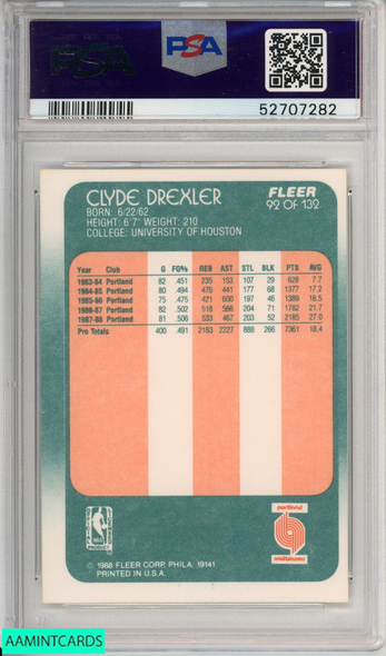 1988 FLEER CLYDE DREXLER #92 HOF PORTLAND TRAILBLAZERS PSA 7 NM 52707282