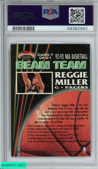 1992 STADIUM CLUB REGGIE MILLER #7 BEAM TEAM-MEMBERS ONLY PACERS PSA 6 EX-MT 56382962