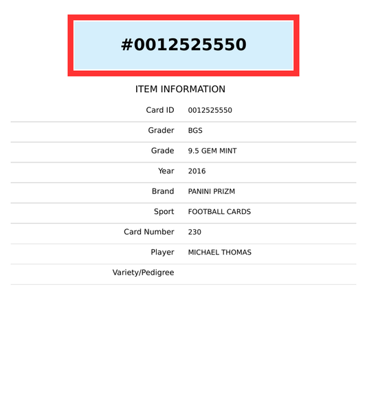2016 PANINI PRIZM MICHAEL THOMAS #230 SILVER PRIZM ROOKIE RC BGS 9.5 GEM MINT 0012525550