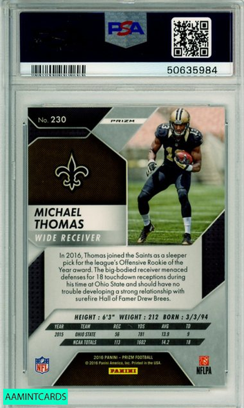 2016 PANINI PRIZM MICHAEL THOMAS #230 SILVER PRIZM ROOKIE RC SAINTS PSA 9 50635984