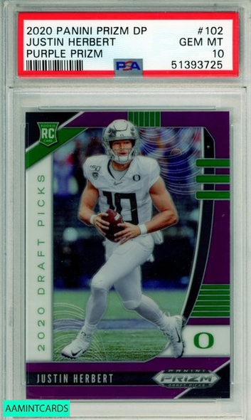 2020 PANINI PRIZM DRAFT PICKS JUSTIN HERBERT #102 PURPLE PRIZM RC PSA 10 GEM MT 51393725 2020 PANINI PRIZM DRAFT PICKS JUSTIN HERBERT #102 PURPLE PRIZM RC PSA 10 GEM MT 51393725