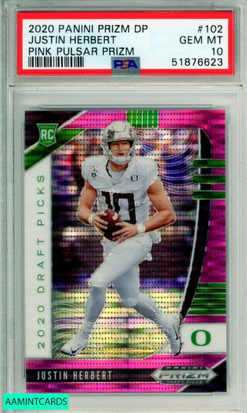 2020 PANINI PRIZM DP JUSTIN HERBERT #102 PINK PULSAR PRIZM ROOKIE PSA 10 GEM MT 51876623 2020 PANINI PRIZM DP JUSTIN HERBERT #102 PINK PULSAR PRIZM ROOKIE PSA 10 GEM MT 51876623