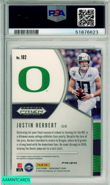 2020 PANINI PRIZM DP JUSTIN HERBERT #102 PINK PULSAR PRIZM ROOKIE PSA 10 GEM MT 51876623 2020 PANINI PRIZM DP JUSTIN HERBERT #102 PINK PULSAR PRIZM ROOKIE PSA 10 GEM MT 51876623