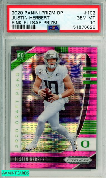 2020 PANINI PRIZM DP JUSTIN HERBERT #102 PINK PULSAR PRIZM ROOKIE PSA 10 GEM MT 51876626 2020 PANINI PRIZM DP JUSTIN HERBERT #102 PINK PULSAR PRIZM ROOKIE PSA 10 GEM MT 51876626