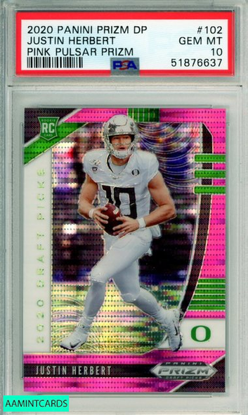 2020 PANINI PRIZM DP JUSTIN HERBERT #102 PINK PULSAR PRIZM ROOKIE PSA 10 GEM MT 51876637 2020 PANINI PRIZM DP JUSTIN HERBERT #102 PINK PULSAR PRIZM ROOKIE PSA 10 GEM MT 51876637