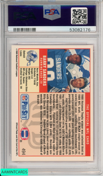 1989 PRO SET BARRY SANDERS #494 ROOKIE HOF DETROIT LIONS RC PSA 9 MINT 53082176 1989 PRO SET BARRY SANDERS #494 ROOKIE HOF DETROIT LIONS RC PSA 9 MINT 53082176