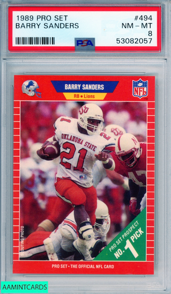 1989 PRO SET BARRY SANDERS #494 ROOKIE HOF DETROIT LIONS RC PSA 8 NM-MT 53082057 1989 PRO SET BARRY SANDERS #494 ROOKIE HOF DETROIT LIONS RC PSA 8 NM-MT 53082057