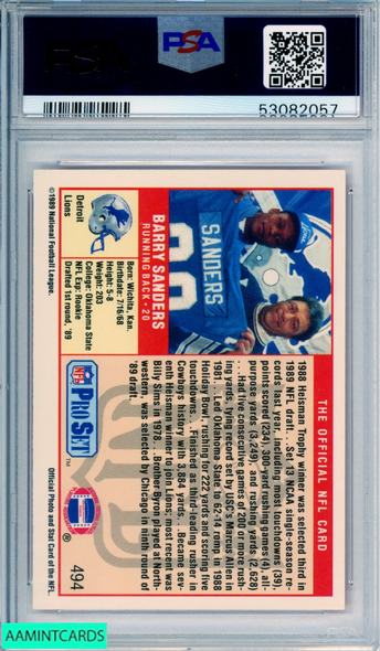 1989 PRO SET BARRY SANDERS #494 ROOKIE HOF DETROIT LIONS RC PSA 8 NM-MT 53082057 1989 PRO SET BARRY SANDERS #494 ROOKIE HOF DETROIT LIONS RC PSA 8 NM-MT 53082057