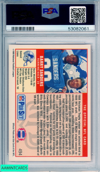1989 PRO SET BARRY SANDERS #494 ROOKIE HOF DETROIT LIONS RC PSA 8 NM-MT 53082061
