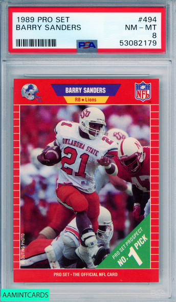 1989 PRO SET BARRY SANDERS #494 ROOKIE HOF DETROIT LIONS RC PSA 8 NM-MT 53082179 1989 PRO SET BARRY SANDERS #494 ROOKIE HOF DETROIT LIONS RC PSA 8 NM-MT 53082179