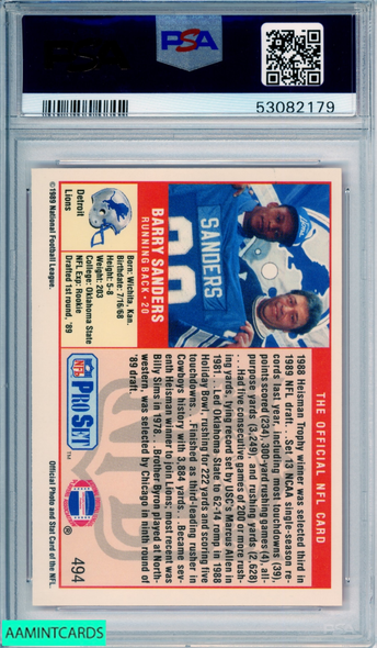 1989 PRO SET BARRY SANDERS #494 ROOKIE HOF DETROIT LIONS RC PSA 8 NM-MT 53082179 1989 PRO SET BARRY SANDERS #494 ROOKIE HOF DETROIT LIONS RC PSA 8 NM-MT 53082179