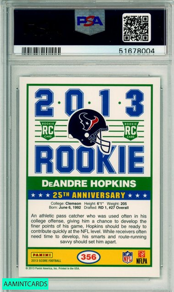 2013 PANINI SCORE DEANDRE HOPKINS #356 ROOKIE HOUSTON TEXANS PSA MINT 9 51678004 2013 PANINI SCORE DEANDRE HOPKINS #356 ROOKIE HOUSTON TEXANS PSA MINT 9 51678004
