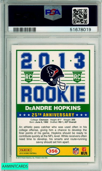 2013 PANINI SCORE DEANDRE HOPKINS #356 ROOKIE HOUSTON TEXANS PSA MINT 9 51678019 2013 PANINI SCORE DEANDRE HOPKINS #356 ROOKIE HOUSTON TEXANS PSA MINT 9 51678019