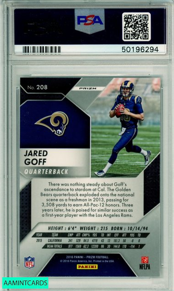 2016 PANINI PRIZM JARED GOFF #208 SILVER PRIZM ROOKIE RC PSA 9 MINT 50196294 2016 PANINI PRIZM JARED GOFF #208 SILVER PRIZM ROOKIE RC PSA 9 MINT 50196294
