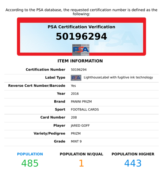 2016 PANINI PRIZM JARED GOFF #208 SILVER PRIZM ROOKIE RC PSA 9 MINT 50196294