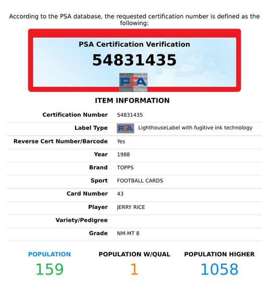 1988 TOPPS JERRY RICE #43 SAN FRANCISCO 49ERS HOF PSA 8 NM-MT 54831435
