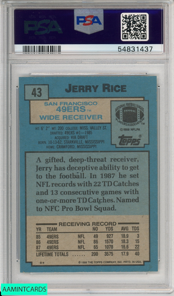 1988 TOPPS JERRY RICE #43 SAN FRANCISCO 49ERS HOF PSA 8 NM-MT 54831437 1988 TOPPS JERRY RICE #43 SAN FRANCISCO 49ERS HOF PSA 8 NM-MT 54831437