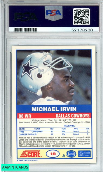 1989 SCORE MICHAEL IRVIN #18 DALLAS COWBOYS HOF! ROOKIE RC PSA 8 NM-MT 52178200