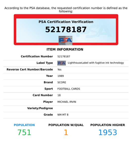 1989 SCORE MICHAEL IRVIN #18 DALLAS COWBOYS HOF! ROOKIE RC PSA 8 NM-MT 52178187