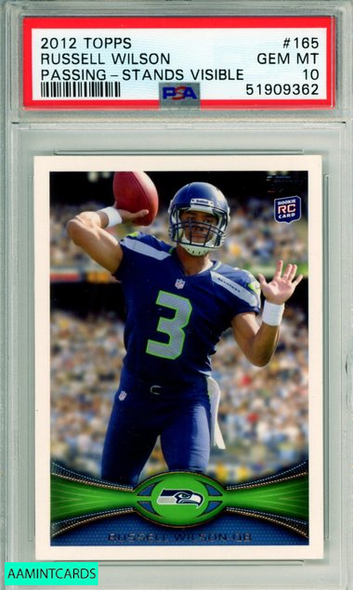 2012 TOPPS RUSSELL WILSON #165 PASSING-STANDS VISIBLE RC SEAHAWKS PSA 10 GEM MT 51909362 2012 TOPPS RUSSELL WILSON #165 PASSING-STANDS VISIBLE RC SEAHAWKS PSA 10 GEM MT 51909362