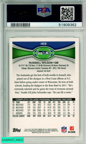 2012 TOPPS RUSSELL WILSON #165 PASSING-STANDS VISIBLE RC SEAHAWKS PSA 10 GEM MT 51909362 2012 TOPPS RUSSELL WILSON #165 PASSING-STANDS VISIBLE RC SEAHAWKS PSA 10 GEM MT 51909362