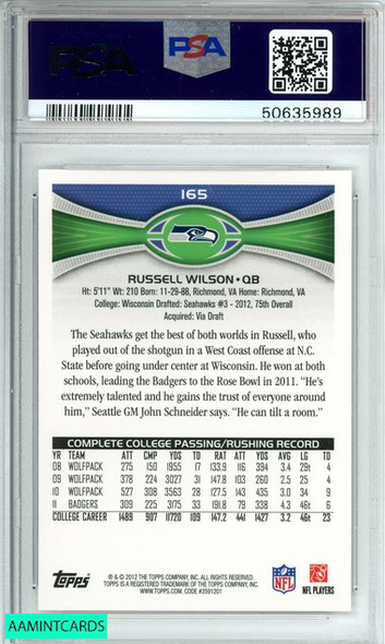 2012 TOPPS RUSSELL WILSON #165 PASSING STANDS VISIBLE ROOKIE RC PSA 10 GEM MT 50635989 2012 TOPPS RUSSELL WILSON #165 PASSING STANDS VISIBLE ROOKIE RC PSA 10 GEM MT 50635989