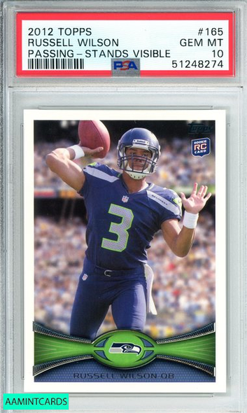 2012 TOPPS RUSSELL WILSON #165 PASSING-STANDS VISIBLE ROOKIE RC PSA 10 GEM MINT 51248274 2012 TOPPS RUSSELL WILSON #165 PASSING-STANDS VISIBLE ROOKIE RC PSA 10 GEM MINT 51248274